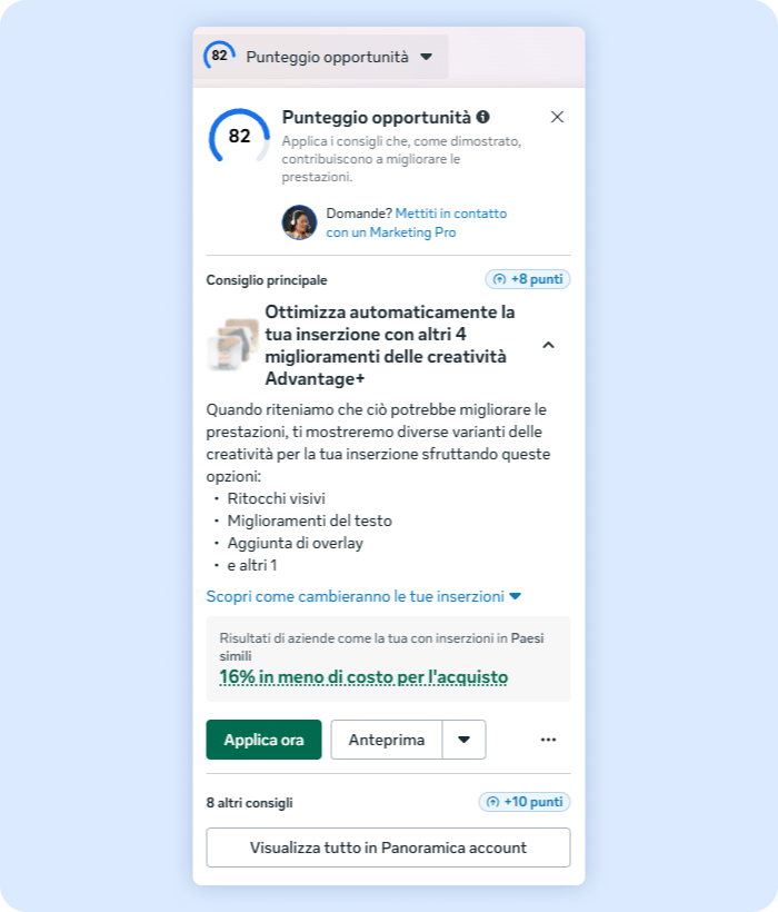 Nell'esempio l'Opportunity score è di 82. Seguono i consigli su come migliorarlo.