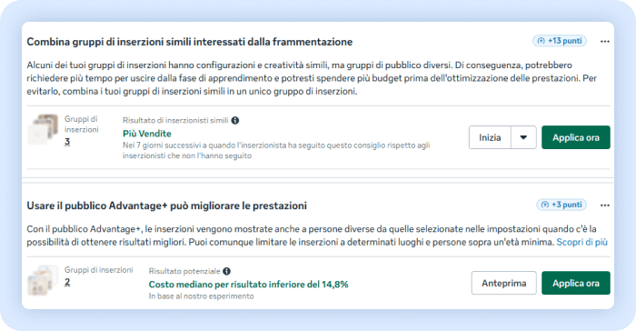 La schermata mostra la possibilità di accorpare gruppi di inserzioni frammentate per migliorare ’Opportunity Score.