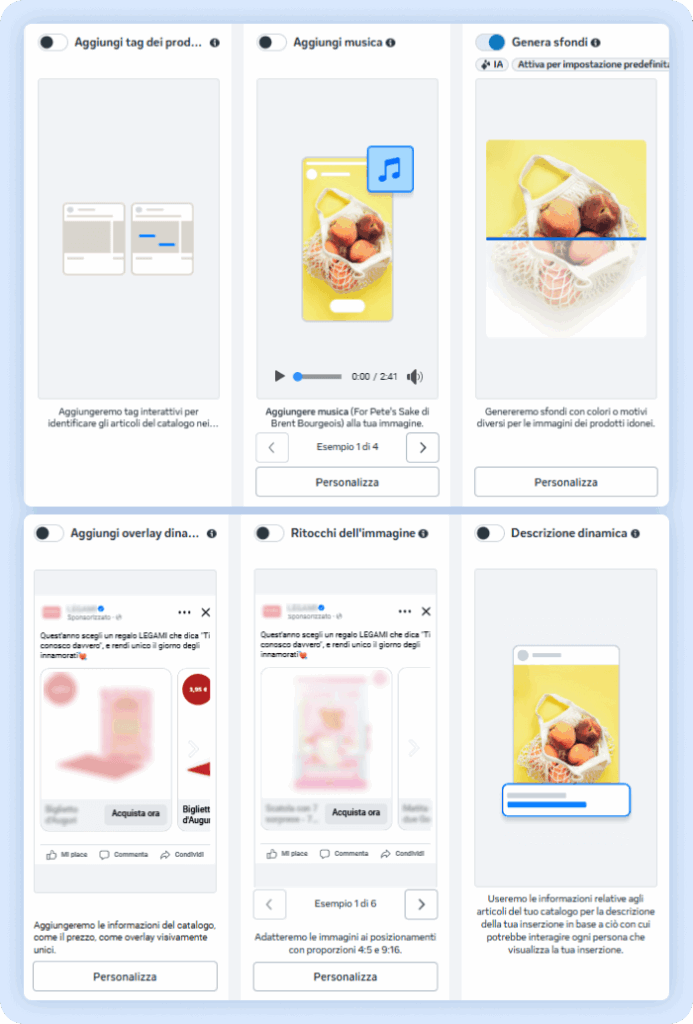 Le ottimizzazioni automatiche sulle creatività sono molte e coprono immagini, video, testi e prodotti