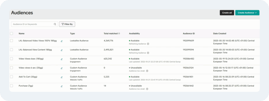 Schermata dell’Audience Manager TikTok per creare pubblici personalizzati e campagne di retargeting