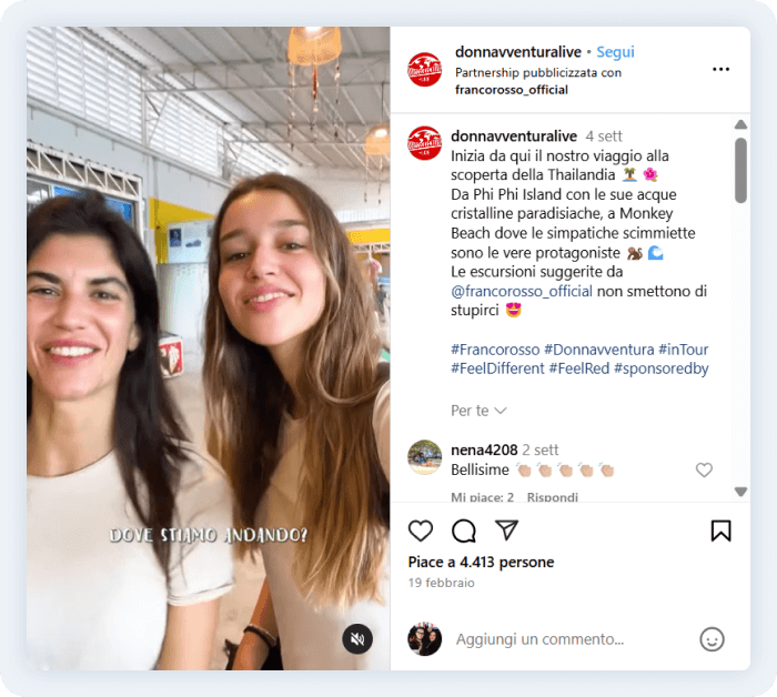 Reel sponsorizzato su Francorosso in partnership con l'influencer Donnavventura