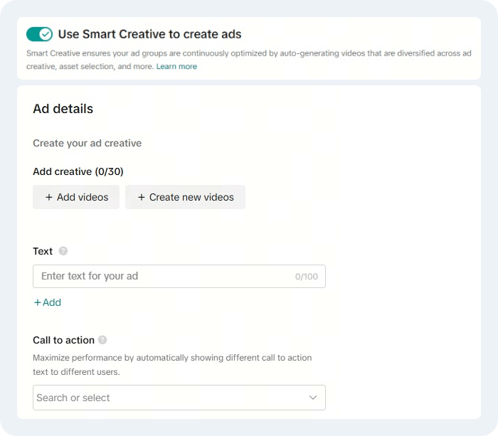 Esempio di Smart Creative TikTok che combina video, testi e pulsanti CTA per ottimizzare le campagne di vendita