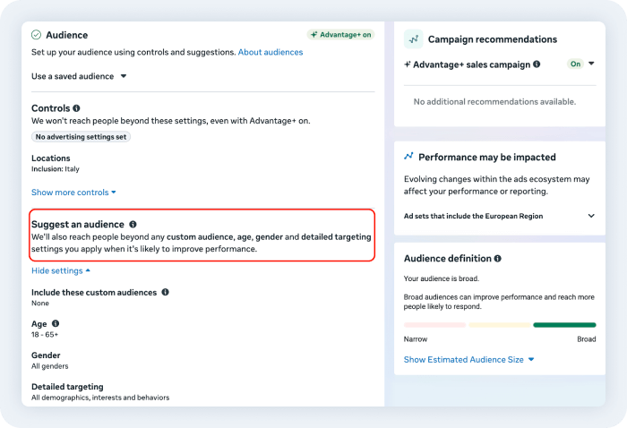 Screenshot dell'interfaccia Meta Ads che evidenzia la funzione 'Suggest an audience' nelle impostazioni del pubblico Advantage+.