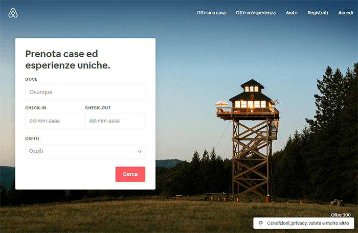 La homepage di Airbnb