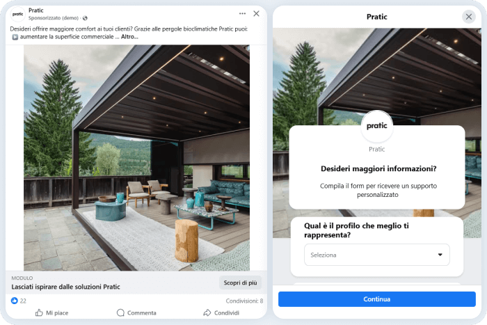 Esempio di annuncio con lead ads di Pratic