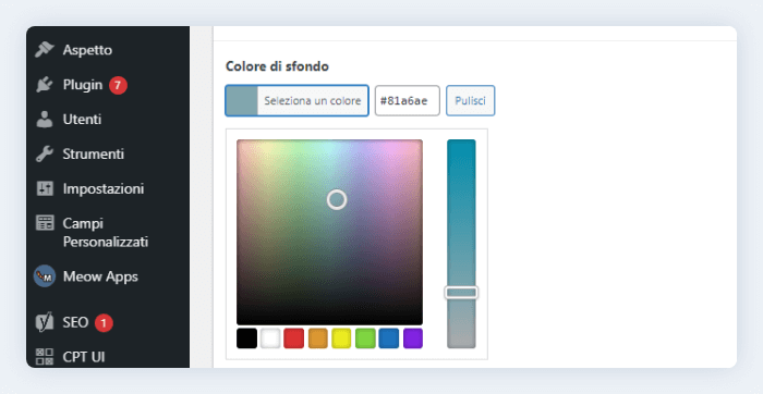Nel backend possiamo selezionare il colore da usare come sfondo della pagina del disco