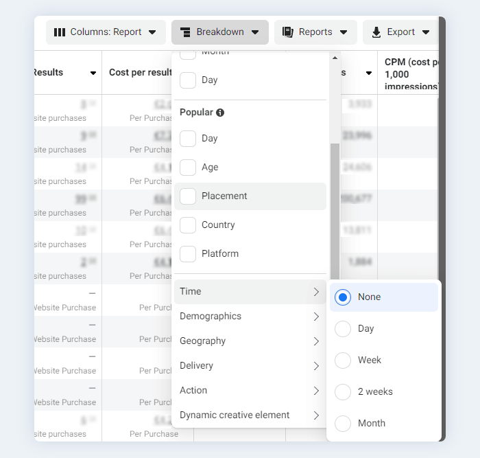 I breakdown disponibili per l'analisi di campagne, pubblici e inserzioni su Ads Manager