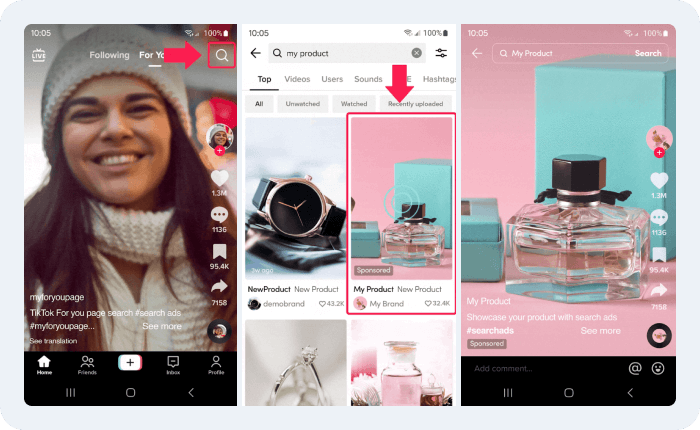 Esempio di annuncio Search su TikTok tra i risultati di ricerca per keyword correlate ai prodotti