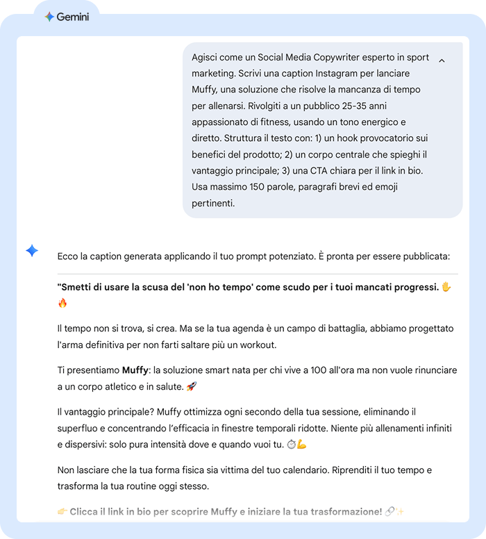 Screenshot dell'interfaccia di Gemini che mostra la risposta al prompt di copywriting per il lancio di "Muffy", introdotta dall'icona a scintilla.