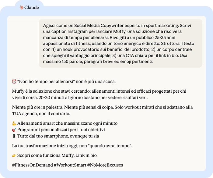 Schermata della chat di Claude che mostra la generazione di una caption per Instagram in risposta a un prompt dettagliato.Schermata della chat di Claude che mostra la generazione di una caption per Instagram in risposta a un prompt dettagliato.