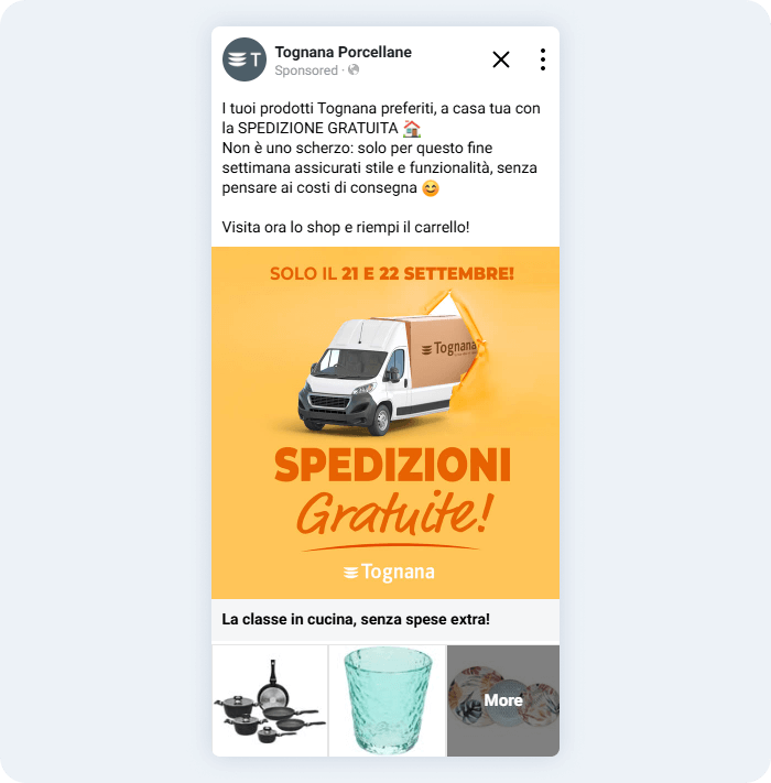 Grafica promozionale con un furgone brandizzato Tognana su sfondo arancione e scritta “SPEDIZIONI gratuite! Solo il 21 e 22 settembre”.