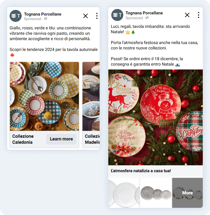 Piatti colorati della collezione Caledonia con fantasie a quadri in diversi colori e piatti natalizi decorati con renne, scritte “Merry Christmas” e motivi festivi, disposti tra decorazioni natalizie.