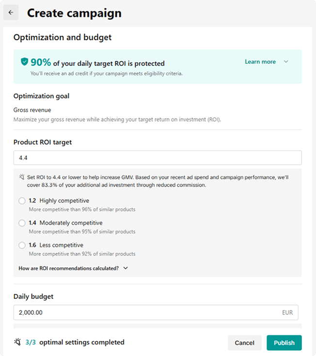 Schermata di creazione di una GMV Max su TikTok, nella sezione dedicata a ottimizzazione degli obiettivi, ROI target e budget giornaliero.