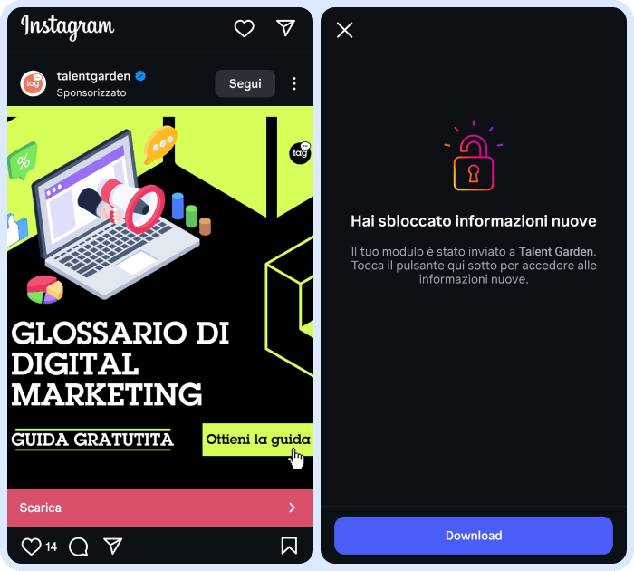 Due schermate di un'inserzione lead di Instagram: a sinistra, l'annuncio di Talent Garden per una guida gratuita sul glossario del digital marketing; a destra, la schermata di conferma del download.