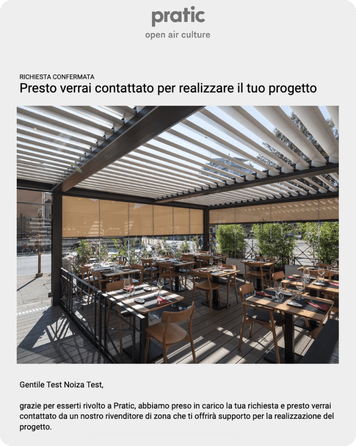 Esempio di email di follow-up di Pratic che conferma la presa in carico di una richiesta di progetto da parte di un utente.