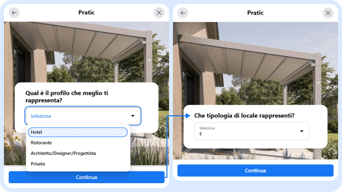 Esempio di form condizionale: selezionando il profilo 'Hotel' appare una domanda specifica sulla tipologia di locale.