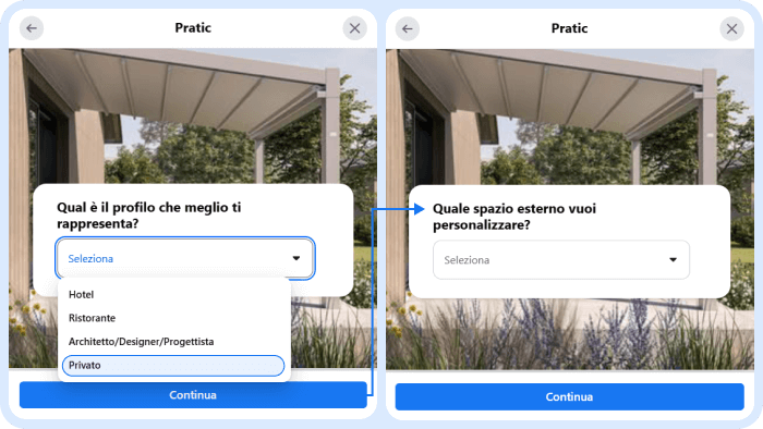 Esempio di form condizionale: selezionando il profilo 'Privato' appare una domanda specifica sullo spazio esterno da personalizzare.