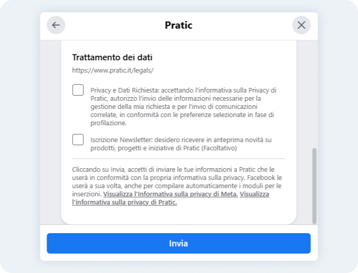 Schermata con il trattamento dei dati e la relativa gestione dei consensi in un form di Pratic, due checkbox diverse per informativa sulla privacy e per iscrizione alle newsletter.