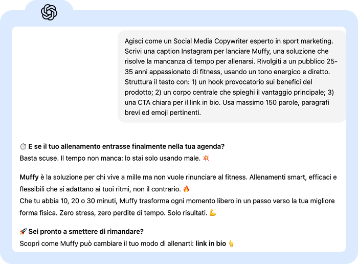 Screenshot di una conversazione su ChatGPT che mostra un copy generato a seguito di un prompt dettagliato.