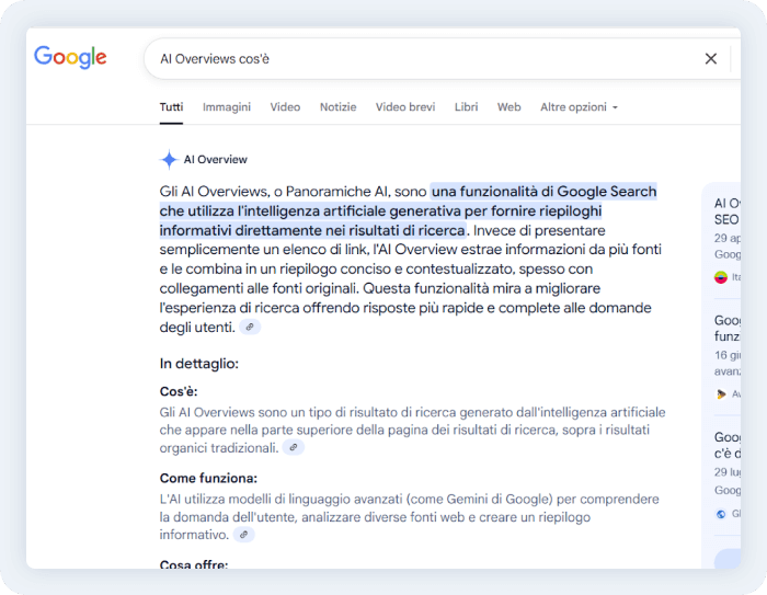 Screenshot di un risultato di ricerca su Google che mostra la funzione AI Overview mentre risponde alla domanda 'AI Overviews cos'è', con la sua definizione evidenziata.