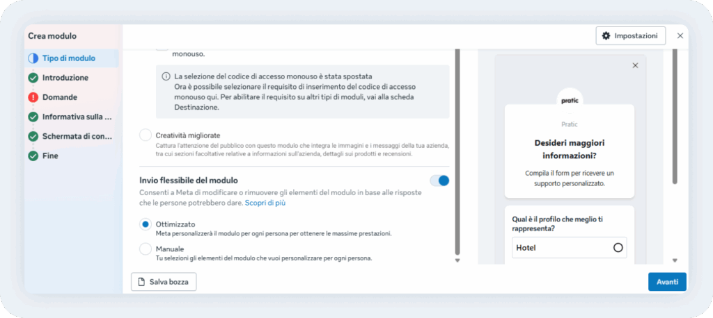 Schermata di Meta Ads dedicata alla creazione di un form con l’opzione “invio flessibile del modulo”