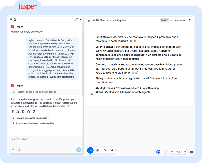 Screenshot dell'interfaccia di Jasper AI divisa in due colonne: a sinistra la chat con il prompt, a destra l'editor di testo con il risultato.
