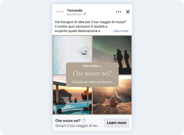Inserzione con lead form nativi di Meta utilizzata nelle campagne di Turisanda