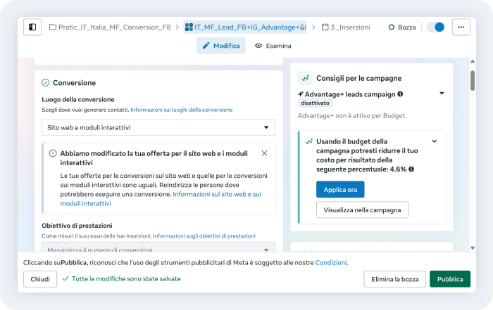 Schermata di Meta Ads dove si può selezionare il luogo della conversione