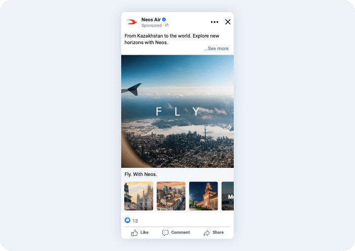 Collection dinamica su Meta, con un'immagine di copertina che mostra una città dall'alto e la scritta "Fly". Al di sotto, foto delle destinazioni raggiungibili in aereo con Neos Air dal Kazakhstan.