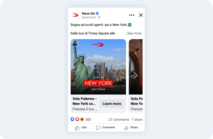 Carosello dinamico su Meta di Neos Air, con focus sui voli per New York