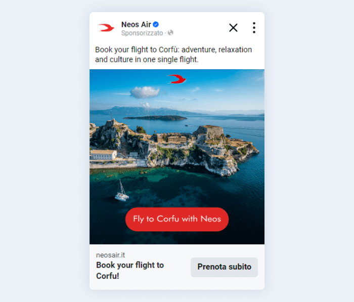 Inserzione che invita a prenotare un volo per Corfù