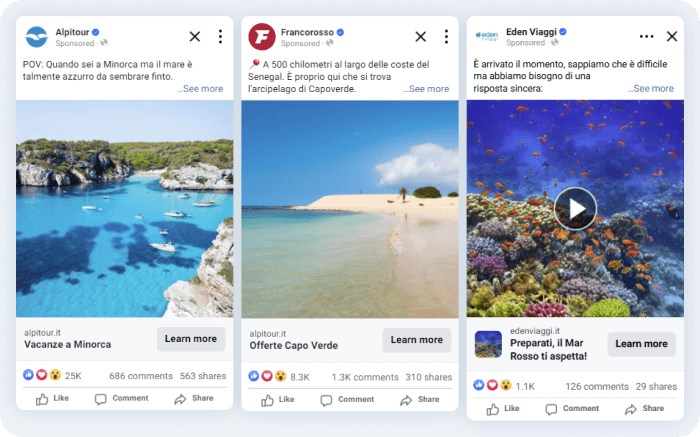 Esempio di post utilizzati nelle campagne con obiettivo conversion che hanno sfruttato la social proof (reaction, commenti e share)