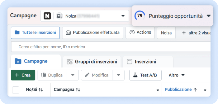 Screenshot della dashboard campagne di Meta Ads che evidenzia il 'Punteggio opportunità' in alto a destra, con un valore di 79.