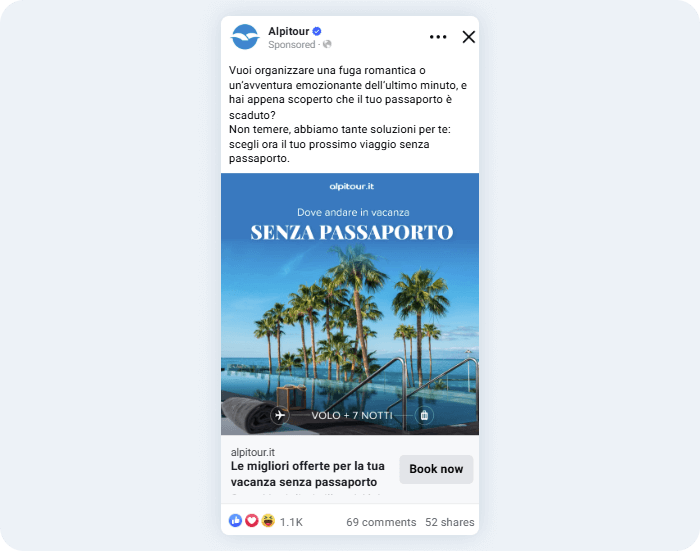 Una delle migliori inserzioni pubblicate su Alpitour durante il periodo post-covid, dove abbiamo sfruttato il pain point della difficoltà nell'ottenere il passaporto