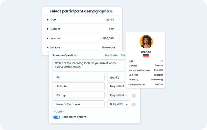 Screenshot dell’interfaccia di PlaybookUX con selezione dei dati demografici e dettagli di un partecipante al test.