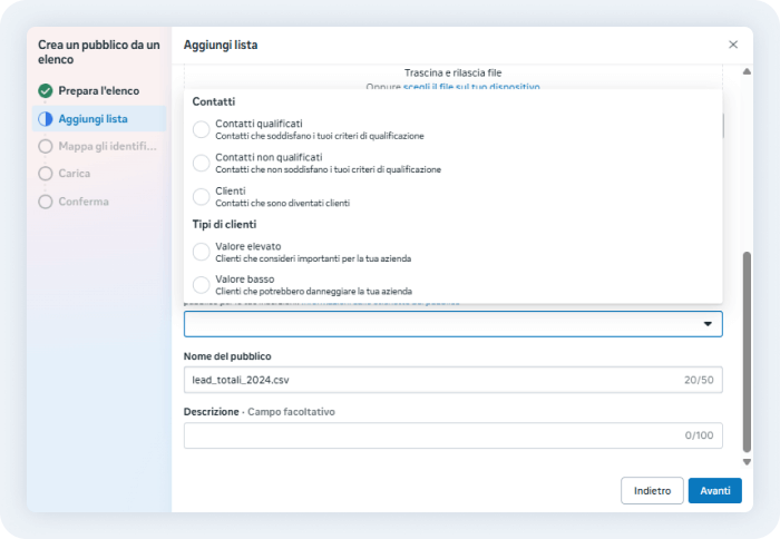Screenshot della schermata di Meta Ads dedicata al caricamento di una lista clienti con la possibilità di aggiungere un tipo di qualificazione.