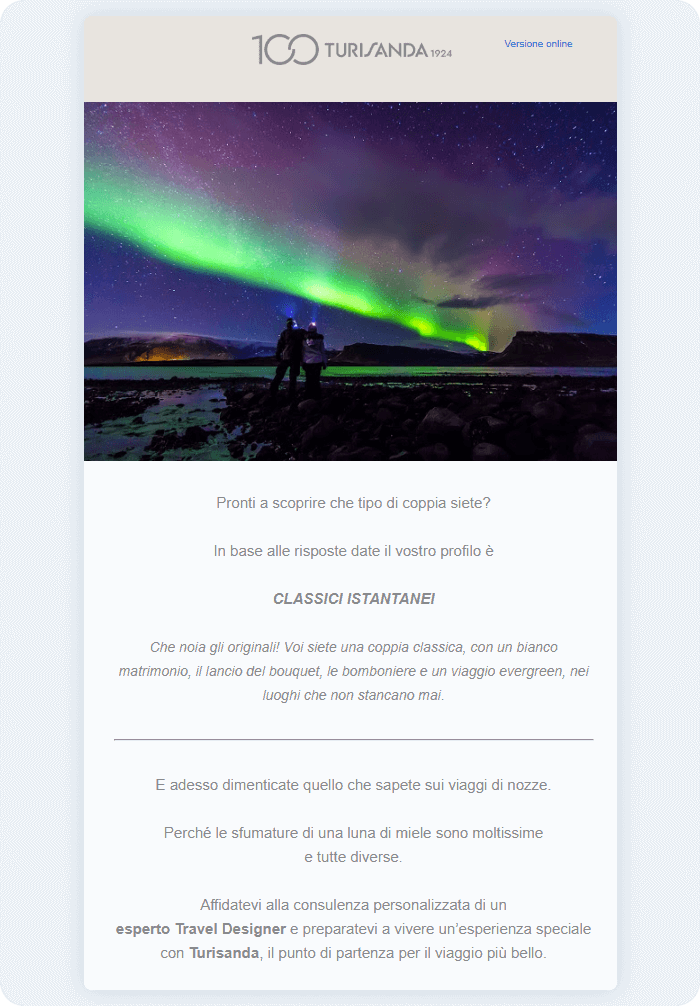 All'interno del form era presente un breve quiz che ha spinto molte coppie a scoprire "Che tipo di nozze" fosse e quale destinazione potesse essere quella perfetta