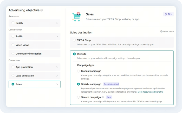 Schermata di creazione di una campagna Smart+ su TikTok Ads con obiettivo vendite e-commerce