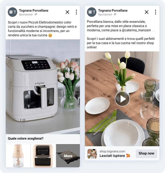 Due inserzioni Tognana affiancate con foto e video prodotti da content creator. A sinistra, una friggitrice ad aria color champagne su un ripiano di cucina e dei tulipani. A destra, una tavola apparecchiata con piatti di porcellana bianca, calici verdi e altri tulipani.